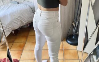 Girlfriend wearing tight white jeans showing her ass.