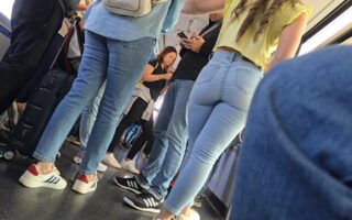 candid girl on the bus wearing tight jeans